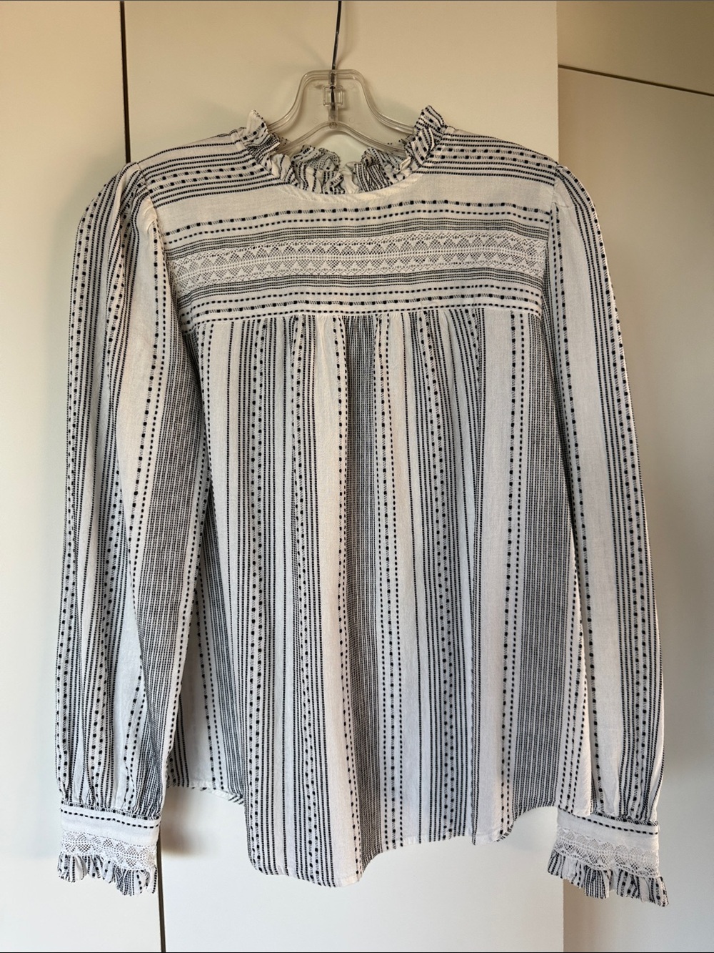 Striped Ruffle-Neck Long Sleeve Top - White and Black